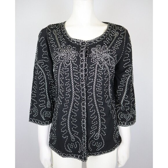 WOMEN'S BLACK STRETCH KNIT EMBROIDERED CARDIGAN SWEATER - ONCE AGAIN - SIZE S - Picture 1 of 5